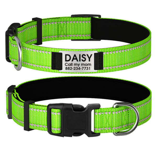 Collier De Chien Personnalisé et Réfléchissant vert fluo avant et arrière.