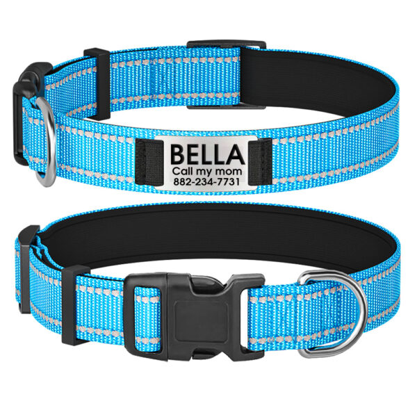 Collier De Chien Personnalisé et Réfléchissant bleu avant et arrière.