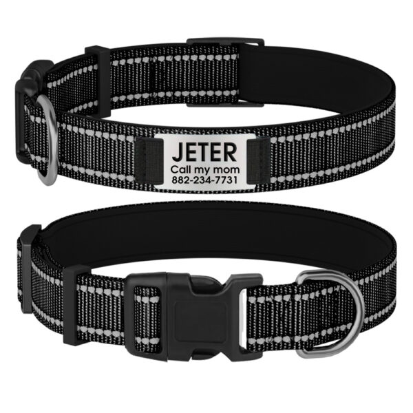 Collier De Chien Personnalisé et Réfléchissant noir avant et arrière.