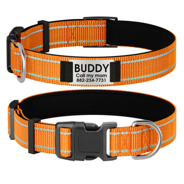 Collier De Chien Personnalisé et Réfléchissant orange avant et arrière.