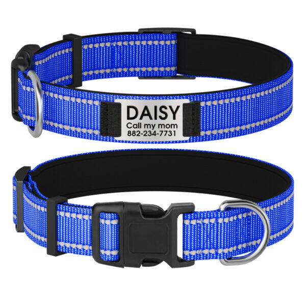 Collier De Chien Personnalisé et Réfléchissant bleu nuit avant et arrière.